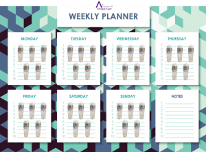 Weekly planner with cups of water per day