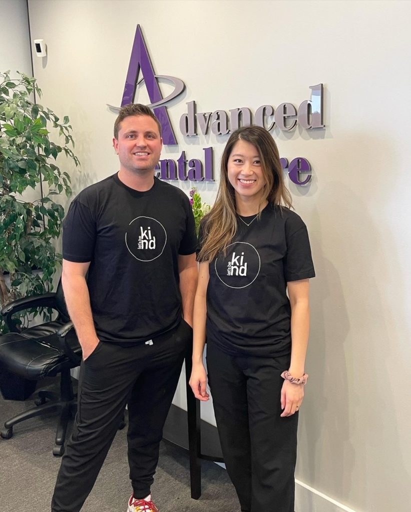 Dr. Jeremy Jorgenson and Dr. Iris Zhou celebrating Let's Be Kind day at Advanced Dental Care in Costa Mesa, CA.